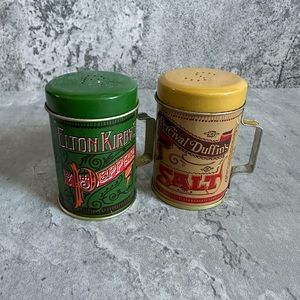 Vintage Percival Duffin’s & Elton Kirby’s Tin Can Salt and Pepper Shaker Set